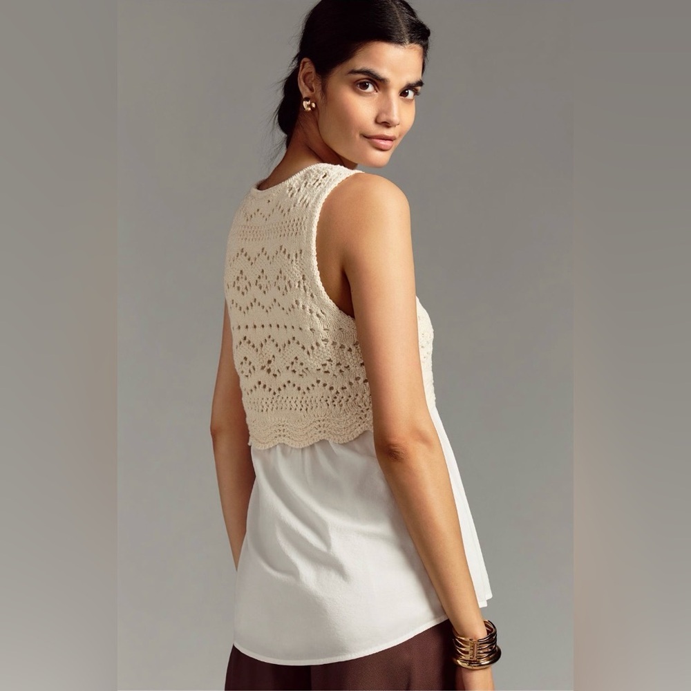 Anthro Ivory Crochet Sweater Tank Layered Boho Knit Blouse S - Picture 4 of 7